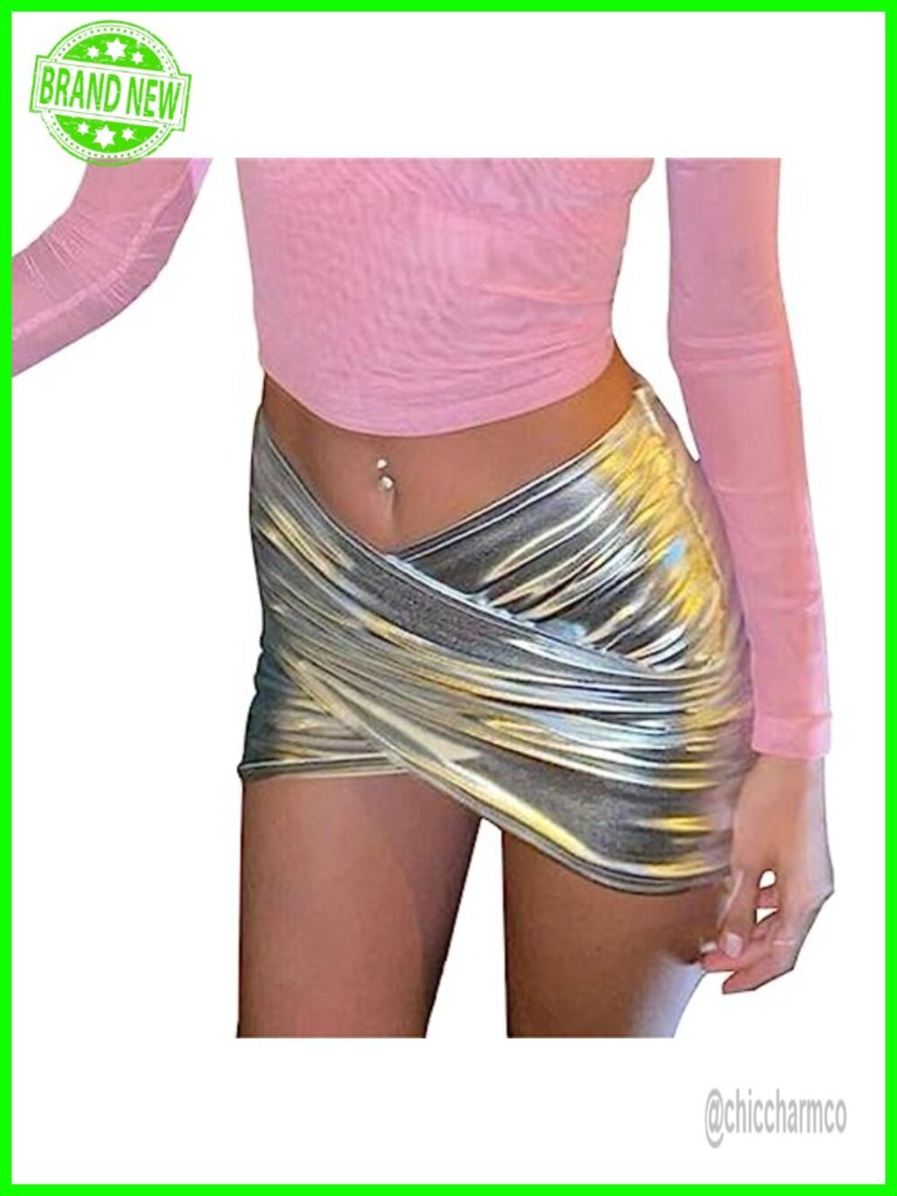Metallic Bodycon Mini Skirt Ruched Wrap Hem Low Rise Clubwear